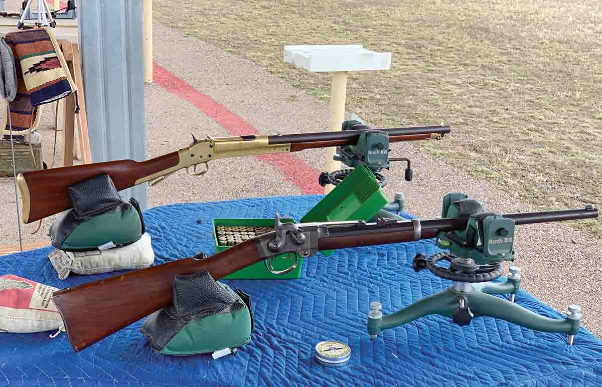 A .50-caliber Smith carbine (foreground) with a Morse Confederate carbine behind it. Both were being tested for accuracy from a typical benchrest setup. The Smith carbine .50-caliber barrel is 21½ inches long with a twist of one turn in 62 inches.